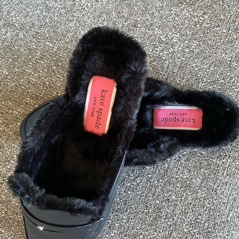 NWT Kate Spade Fur Lined Leather Slides, Black, size 7.5 - Picture 4 of 10